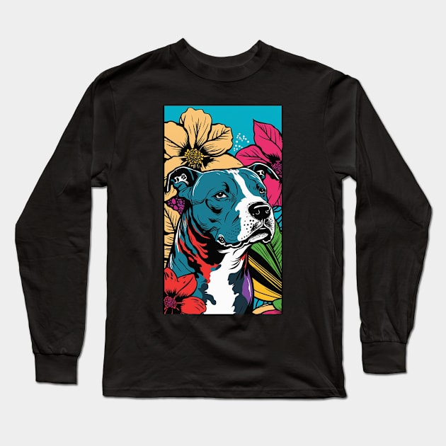 American Staffordshire Terrier PitBull Dog Vibrant Tropical Flower Tall Retro Vintage Digital Pop Art Portrait 2 Long Sleeve T-Shirt by ArtHouseFlunky